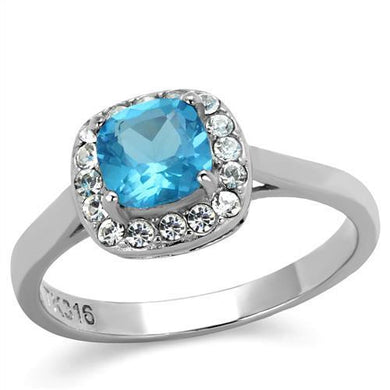 Womans Silver Aquamarine Ring Anillo Para Mujer Stainless Steel Ring with Glass in Sea Blue - Jewelry Store by Erik Rayo