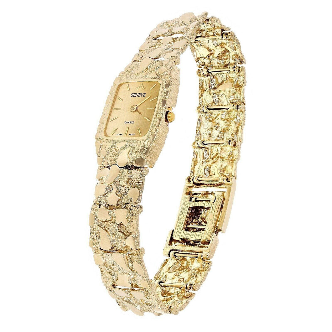 Women's 10k Yellow Gold Nugget Link Wrist Bracelet Geneve Watch 7-7.5
