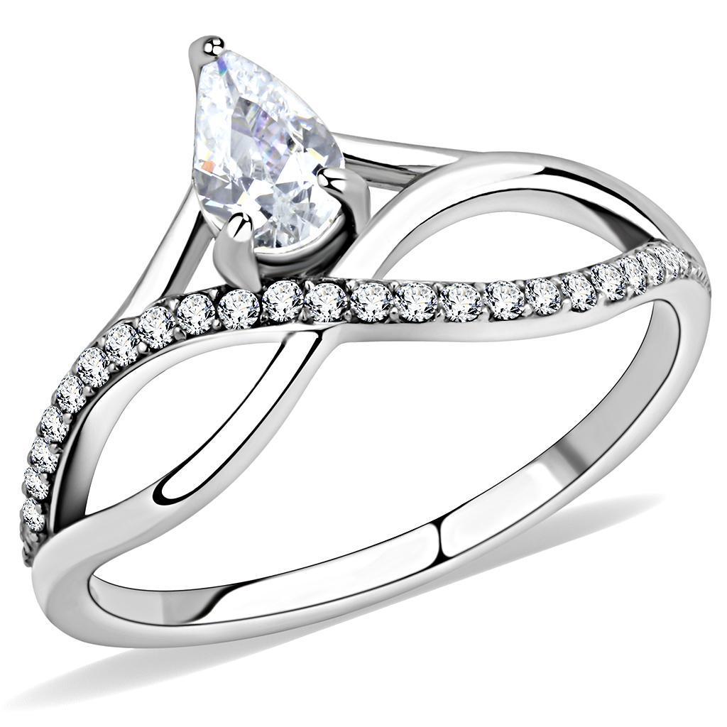 Women's Ring Wedding Teardrop Waves Stainless Steel Ring with AAA Grade CZ in Clear - ErikRayo.com