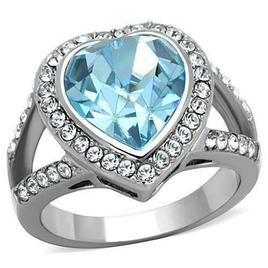 Women's Stainless Steel Baby Blue Aqua Aquamarine Topaz cz Halo Heart Bold Ring - Jewelry Store by Erik Rayo