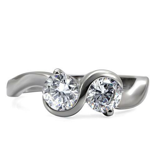 Women's Stainless Steel Dual 2 Round CZ Promise Wedding Engagement Swirl Ring Anillo Para Mujer - ErikRayo.com