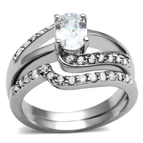 Women's Stainless Steel Oval CZ Engagement Wedding 2 PC Promise Ring Set - Jewelry Store by Erik Rayo