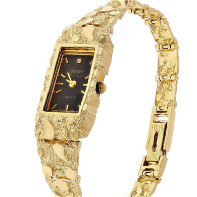 Women's Watch 10k Yellow Gold Nugget Link Bracelet Geneve Wrist Watch w/ Diamond 6.75