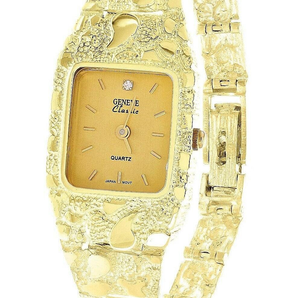 Women's Watch 14k Yellow Gold Nugget Link Bracelet Geneve Diamond Wrist Watch 7.5