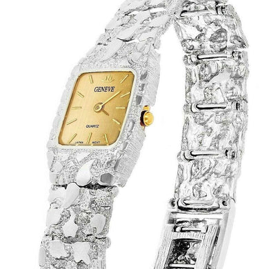 Women's Watch 925 Sterling Silver Nugget Link Bracelet Geneve Wrist Watch 8.5-9