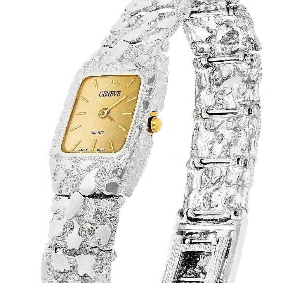 Women's Watch 925 Sterling Silver Nugget Link Bracelet Geneve Wrist Watch 8.5-9