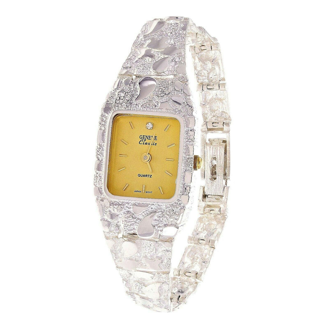 Women's Watch 925 Sterling Silver Nugget Link Geneve Diamond Wrist Watch 7.25-7.75