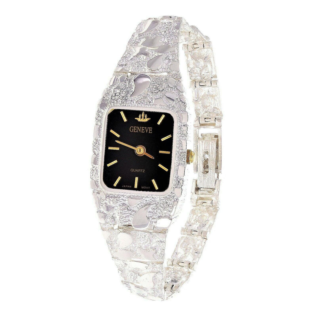 Women's Watch 925 Sterling Silver Nugget Link Geneve Wrist Watch 7-7.5