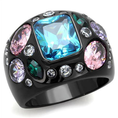 Womens Black Aquamarine Ring Anillo Para Mujer Stainless Steel Ring with AAA Grade CZ in Sea Blue Prato - Jewelry Store by Erik Rayo