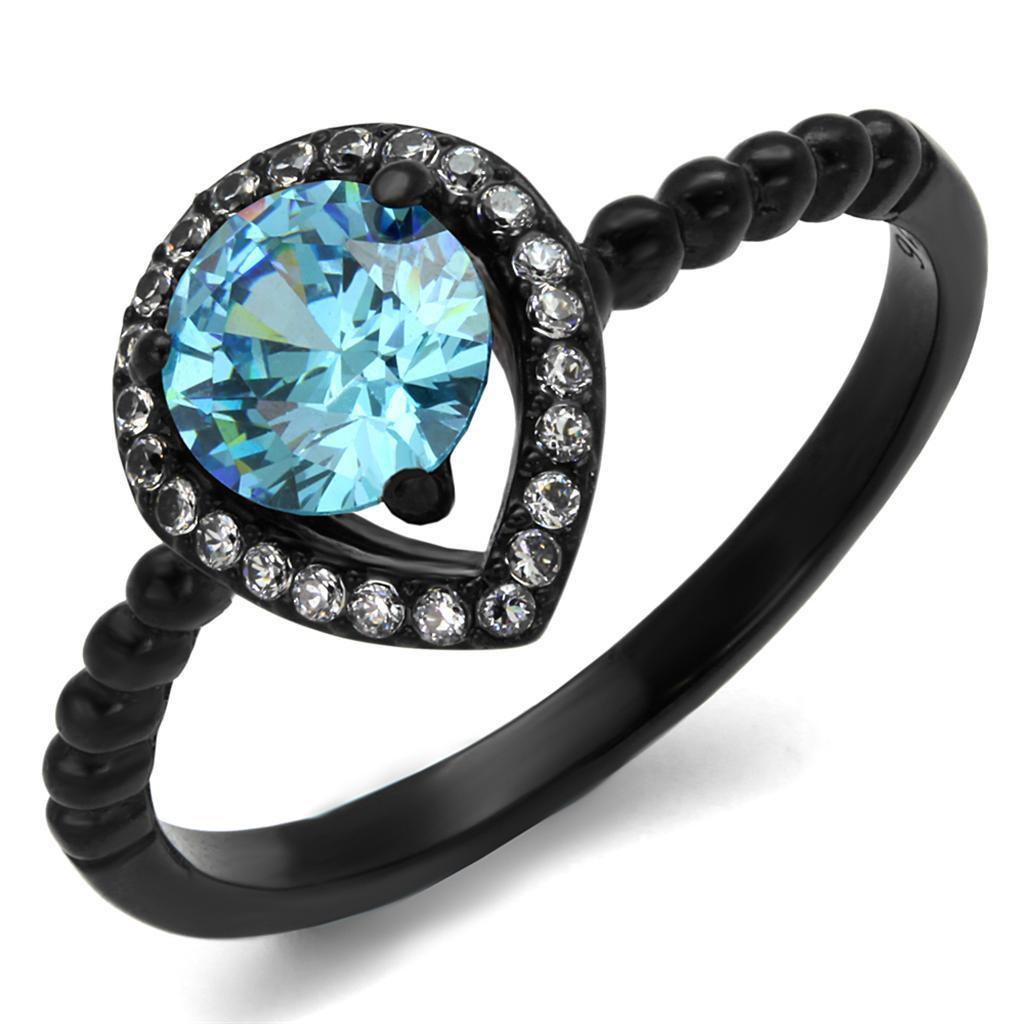 Womens Black Aquamarine Ring Anillo Para Mujer y Ninos Unisex Kids 316L Stainless Steel Ring with AAA Grade CZ in Sea Blue Harriet - Jewelry Store by Erik Rayo