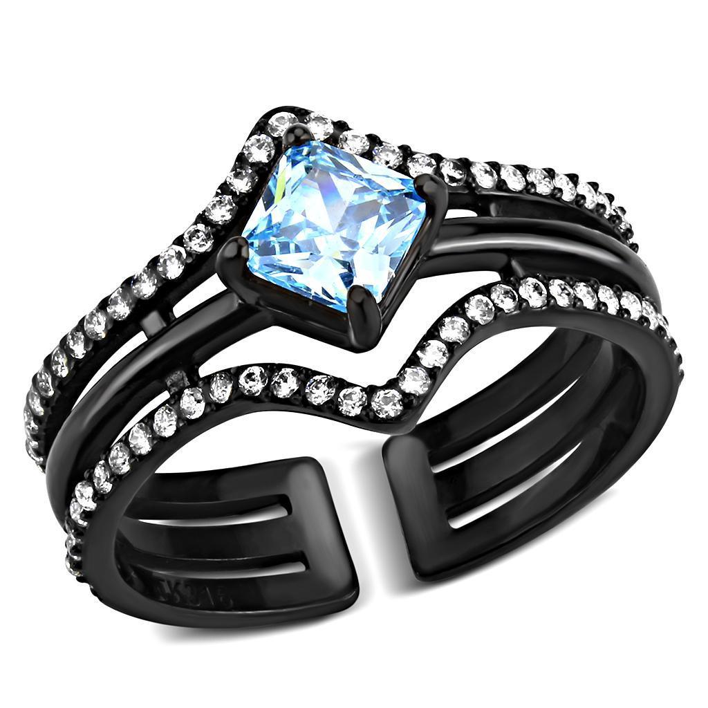 Womens Black Aquamarine Ring Anillo Para Mujer y Ninos Unisex Kids 316L Stainless Steel Ring with AAA Grade CZ Sea Blue - Jewelry Store by Erik Rayo