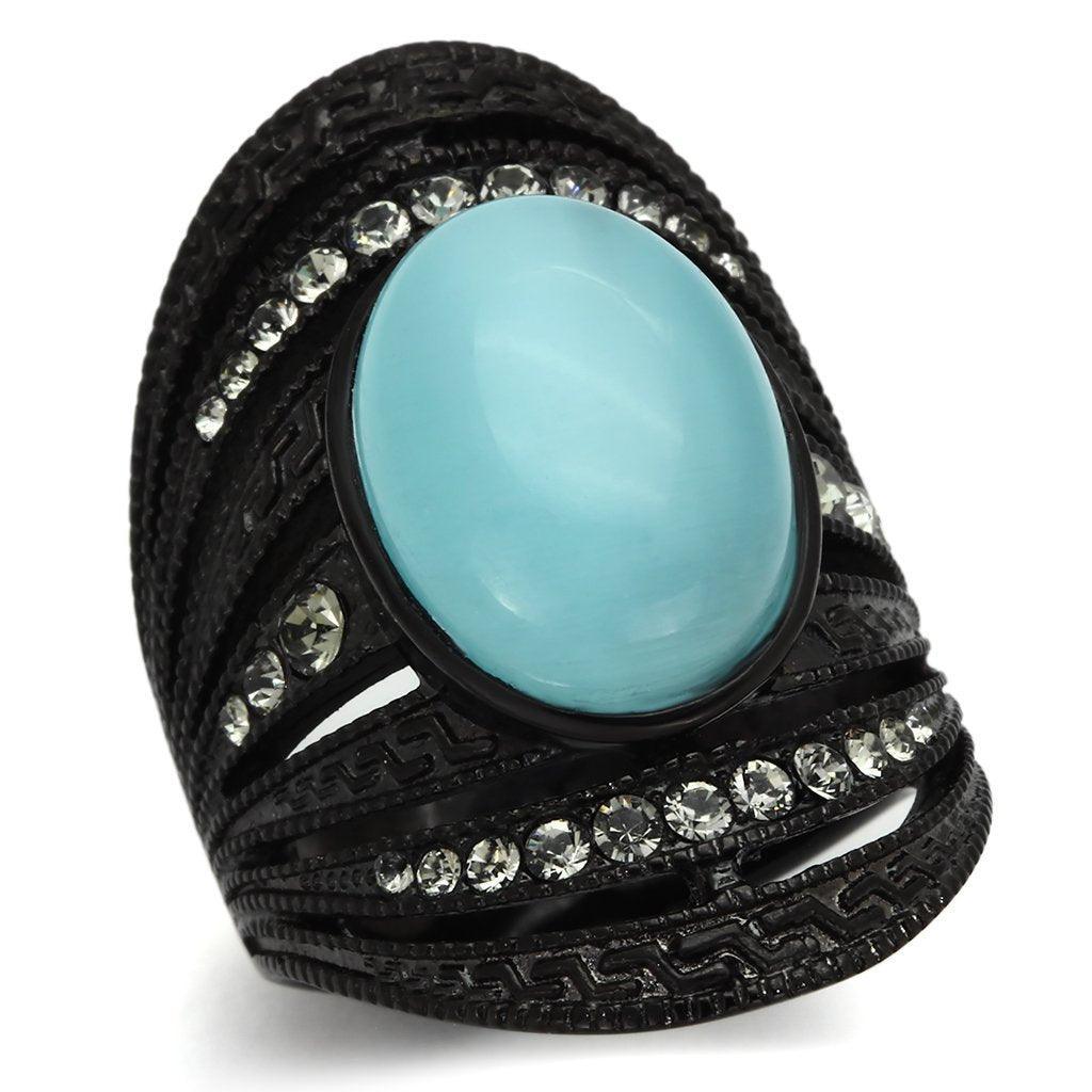 Womens Black Aquamarine Ring Anillo Para Mujer y Ninos Unisex Kids 316L Stainless Steel Ring with Synthetic Cat Eye in Sea Blue Faenza - Jewelry Store by Erik Rayo