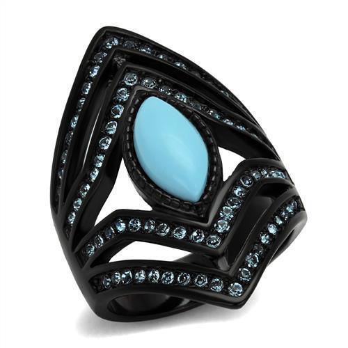 Womens Black Aquamarine Ring Anillo Para Mujer y Ninos Unisex Kids 316L Stainless Steel Ring with Synthetic Turquoise in Sea Blue Alouette - Jewelry Store by Erik Rayo