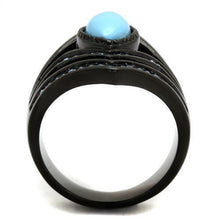 Load image into Gallery viewer, Womens Black Aquamarine Ring Anillo Para Mujer y Ninos Unisex Kids 316L Stainless Steel Ring with Synthetic Turquoise in Sea Blue Alouette - Jewelry Store by Erik Rayo

