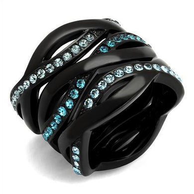 Womens Black Aquamarine Ring Anillo Para Mujer y Ninos Unisex Kids 316L Stainless Steel Ring with Top Grade Crystal in Sea Blue Delphine - Jewelry Store by Erik Rayo