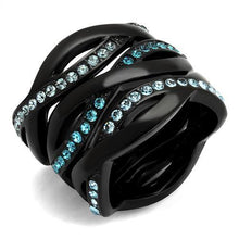 Load image into Gallery viewer, Womens Black Aquamarine Ring Anillo Para Mujer Stainless Steel Ring with Top Grade Crystal in Sea Blue Delphine - Jewelry Store by Erik Rayo
