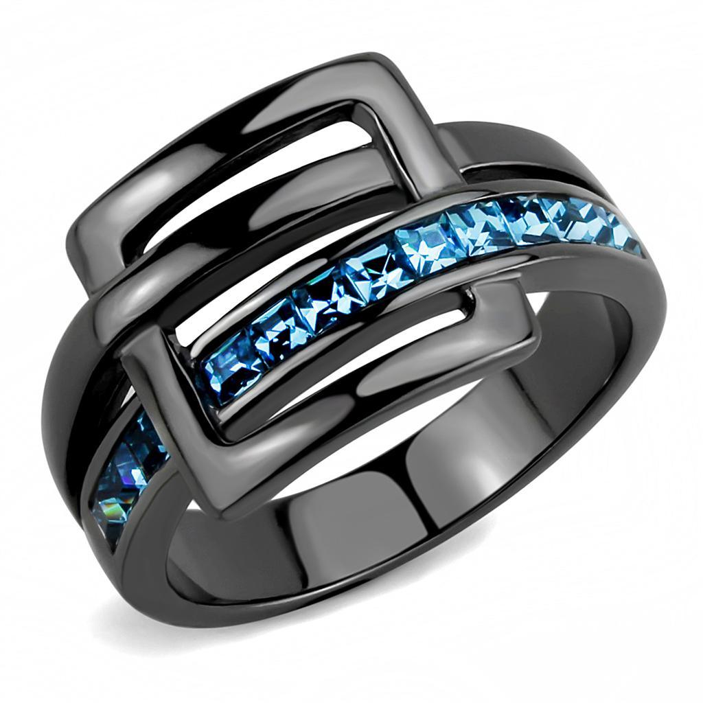 Womens Black Aquamarine Ring Anillo Para Mujer y Ninos Unisex Kids Stainless Steel Ring with Top Grade Crystal in Sea Blue - ErikRayo.com