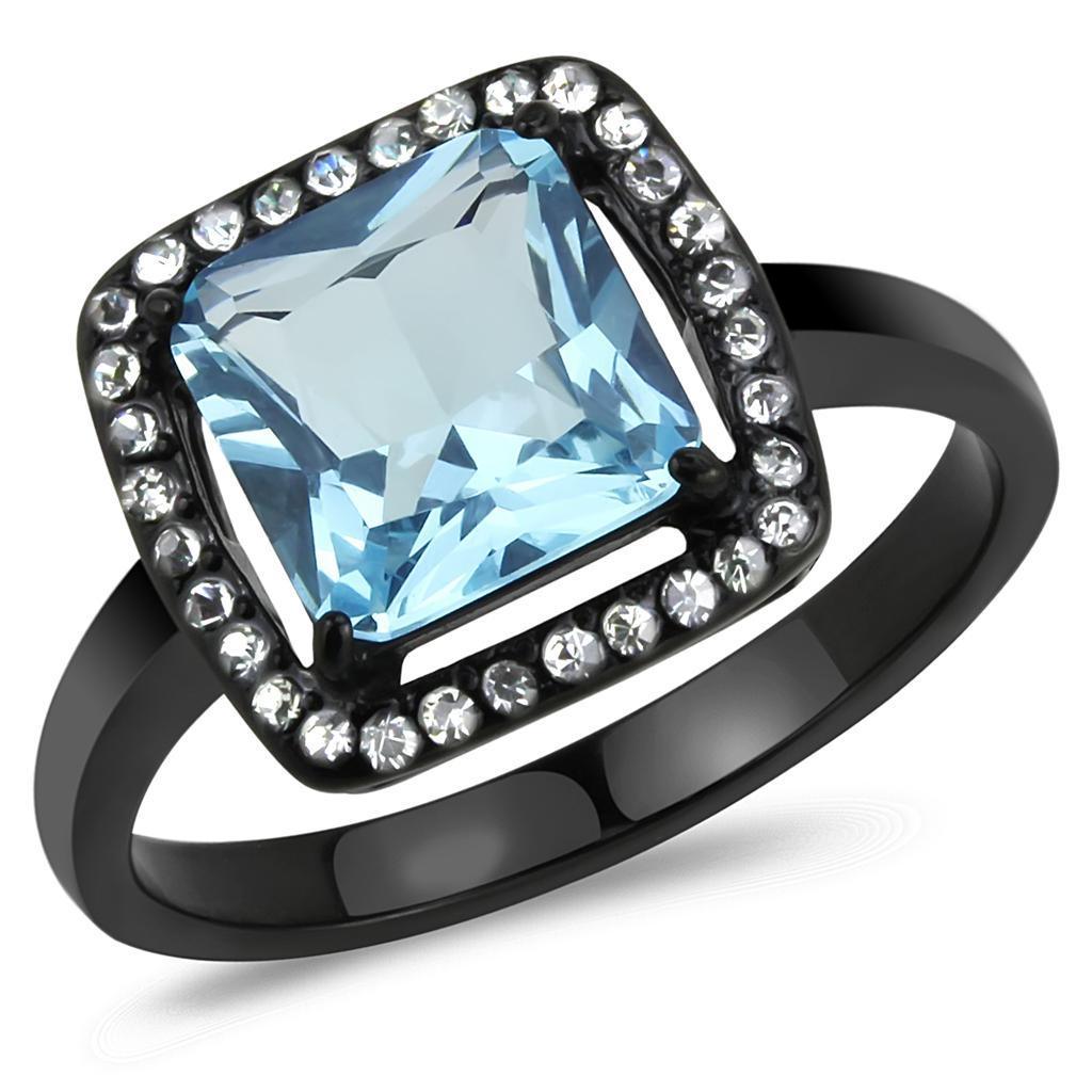 Womens Black Aquamarine Ring Princess Cut Anillo Para Mujer y Ninos Unisex Kids 316L Stainless Steel Ring with Glass Sea Blue - Jewelry Store by Erik Rayo