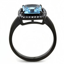 Load image into Gallery viewer, Womens Black Aquamarine Ring Princess Cut Anillo Para Mujer y Ninos Unisex Kids 316L Stainless Steel Ring with Glass Sea Blue - Jewelry Store by Erik Rayo
