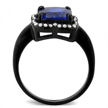 Load image into Gallery viewer, Womens Black Blue Ring Squared Anillo Para Mujer y Ninos Kids 316L Stainless Steel Ring with Spinel in London Blue Potere - Jewelry Store by Erik Rayo
