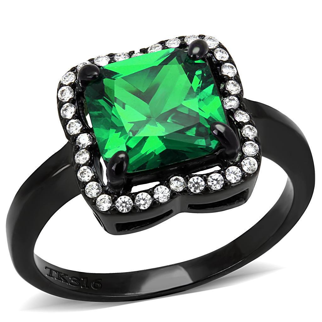 Womens Black Green Ring Squared Anillo Para Mujer Stainless Steel Ring with AAA Grade CZ in Emerald Cosenza - Jewelry Store by Erik Rayo