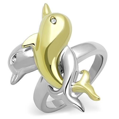Womens Dolphins Ring Two Tone Anillo Para Mujer Stainless Steel Ring with Top Grade Crystal in Clear - Jewelry Store by Erik Rayo