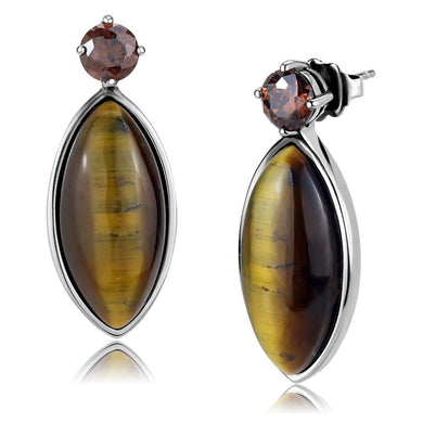 Womens Earrings High Polished Silver (No Plating) Stainless Steel with SemiPrecious Tiger Eye in Topaz - Jewelry Store by Erik Rayo