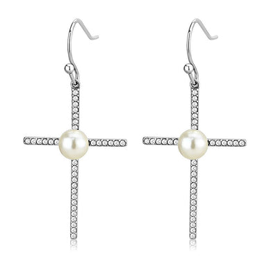 Womens Earrings High Polished Silver (No Plating) Stainless Steel with Synthetic Pearl in White - Jewelry Store by Erik Rayo