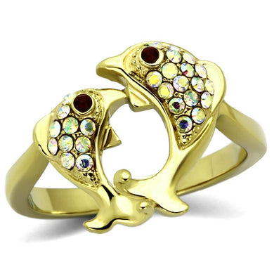 Womens Gold Dolphins Ring Stainless Steel Anillo Color Oro Para Mujer Ninas Acero Inoxidable with Top Grade Crystal in Multi Color Rhoda - Jewelry Store by Erik Rayo