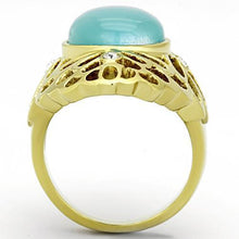 Load image into Gallery viewer, Womens Gold Ring 316L Stainless Steel Anillo Color Oro Para Mujer Ninas Acero Inoxidable with Synthetic Cat Eye in Light Sapphire Prisca - Jewelry Store by Erik Rayo
