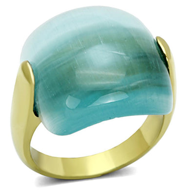 Womens Gold Ring 316L Stainless Steel Anillo Color Oro Para Mujer Ninas Acero Inoxidable with Synthetic Cat Eye in Sea Blue Hodiah - Jewelry Store by Erik Rayo