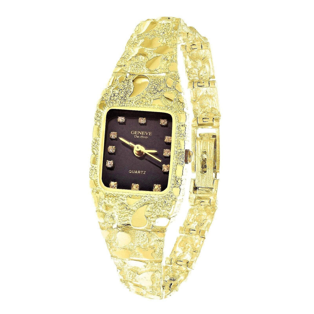 Womens Ladies 10k Yellow Gold Nugget Band Wrist Watch Geneve with Real Natural Diamonds 7-7.5
