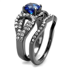 Load image into Gallery viewer, Womens Light Black Ring Anillo Para Mujer y Ninos Kids 316L Stainless Steel Ring with Synthetic Spinel in London Blue Damascus - Jewelry Store by Erik Rayo
