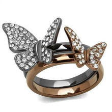 Load image into Gallery viewer, Womens Ring Butterflies Charcoal Brown Anillo Para Mujer y Ninos Girls 316L Stainless Steel Ring with Top Grade Crystal in Clear Priscilla - Jewelry Store by Erik Rayo
