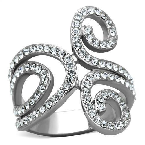 Womens Ring Clear Cz Stainless Steel Engagement Wide Band Swirl Party Cocktail Ring - Jewelry Store by Erik Rayo