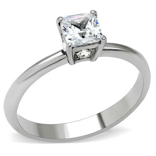 Womens Ring Princess Cut CZ Solitaire Stainless Steel Engagement Ring - ErikRayo.com