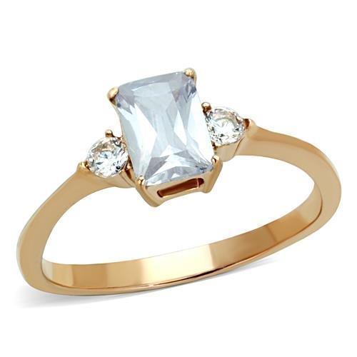 Womens Ring Rose Gold Rectangle Stainless Steel Ring with AAA Grade CZ in Clear - ErikRayo.com