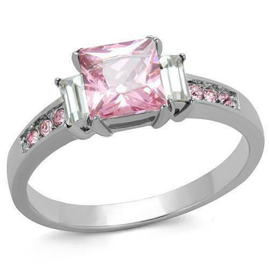 Womens Ring Silver Pink Princess Cut Rose Sapphire CZ Accents Stainless Steel Square Engagement Ring - ErikRayo.com