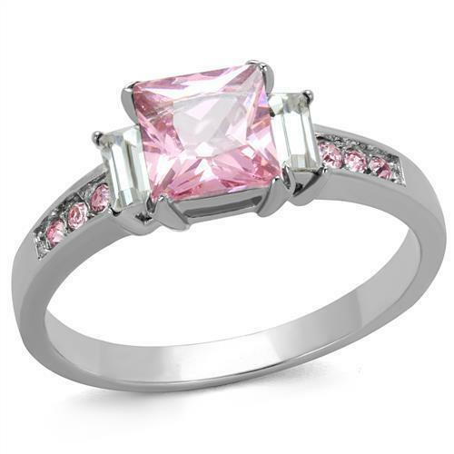 Womens Ring Silver Pink Princess Cut Rose Sapphire CZ Accents Stainless Steel Square Engagement Ring - Jewelry Store by Erik Rayo