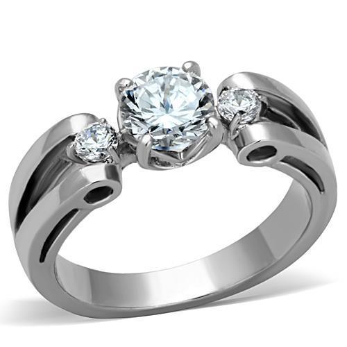 Womens Ring Solitaire with 2 Accents Stainless Steel Ring with AAA Grade CZ in Clear - Jewelry Store by Erik Rayo