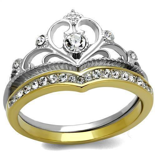 Womens Ring Stainless Steel GP Tiara Crown CZ Crystal Wedding Engagement Ring Band Set - ErikRayo.com