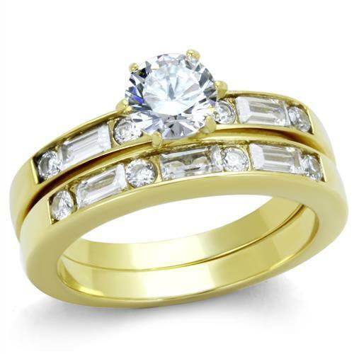 Womens Ring Stainless steel Round Baguette CZ Wedding Engagement 2 PC Gold Ion Ring Set - ErikRayo.com