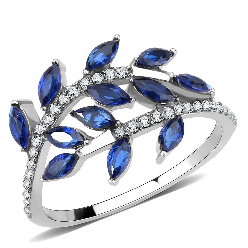 Womens Rings Blue Leaves Stainless Steel Ring with Synthetic Spinel in London Blue - Jewelry Store by Erik Rayo