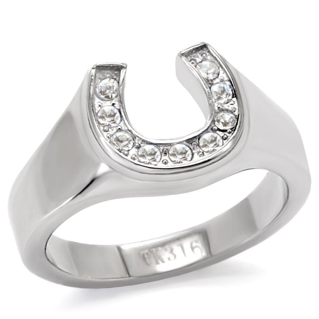 Womens Rings Horse Shoe Cowgirl Silver Stainless Steel Ring with Top Grade Crystal in Clear - Jewelry Store by Erik Rayo