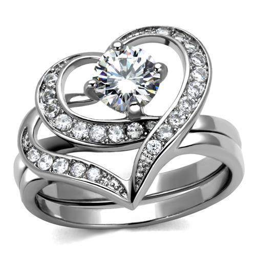 Womens Rings Silver Heart Round Cut Stainless Steel Ring with AAA Grade CZ in Clear - ErikRayo.com