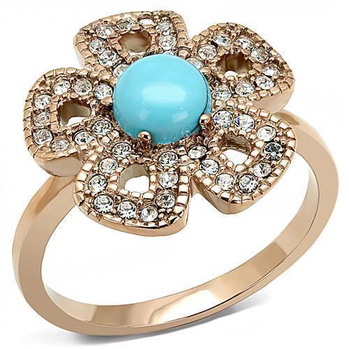 Womens Rose Gold Ring Anillo Para Mujer y Ninos Unisex Kids 316L Stainless Steel Ring with Synthetic Turquoise in Sea Blue Lanciano - Jewelry Store by Erik Rayo