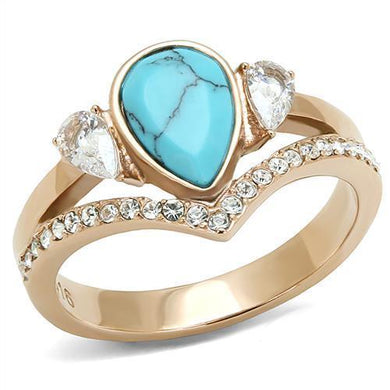 Rose Gold Rings for Women Anillo Para Mujer Stainless Steel Ring with Synthetic Turquoise in Sea Blue Ortona - Jewelry Store by Erik Rayo