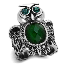 Load image into Gallery viewer, Womens Silver Owl Ring Emerald Green Anillo Para Mujer y Ninos Kids 316L Stainless Steel Ring with Glass in Emerald - Jewelry Store by Erik Rayo
