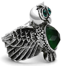 Load image into Gallery viewer, Womens Silver Owl Ring Emerald Green Anillo Para Mujer y Ninos Kids 316L Stainless Steel Ring with Glass in Emerald - Jewelry Store by Erik Rayo
