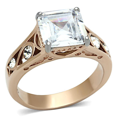 Womens Silver Rings Two-Tone IP Rose Gold 316L Stainless Steel Ring with AAA Grade CZ in Clear TK1059 - ErikRayo.com